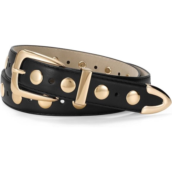 ⚡ Black Women Leather Belt Studded Ladie Punk Gold Buckle Vintage for Jean Dress - Picture 1 of 6